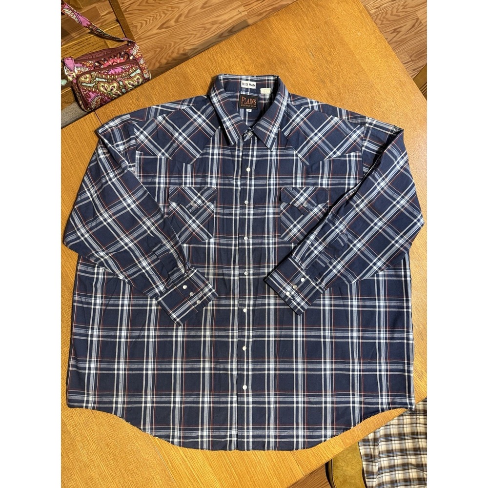Plains Western Wear Big Man 3X Snap Shirt Blue Red Plaid Western Pearl Snaps - Picture 2 of 6